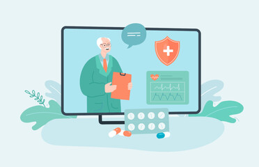 Elderly doctor on computer screen and pills. Pharmacist with heart rate, blister pack flat vector illustration. Healthcare, medication, pharmacy concept for banner, website design or landing web page