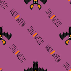 Texture with cartoon style bats and inscription happy halloween. Seamless vector pattern for Halloween, kids print, wallpaper, textile