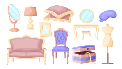 Vintage luxurious furniture vector illustrations set. Collection of furniture for princess or royal room interior, couch, dressing table isolated on white background. Furniture, luxury concept
