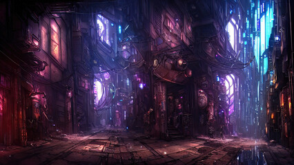 Cyber ​​city, neon light, narrow street, night quarter. Abstract city, neon night. 3D illustration.