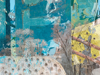 Abstract Aqua Background with Geometric Shapes and Nature Imagery