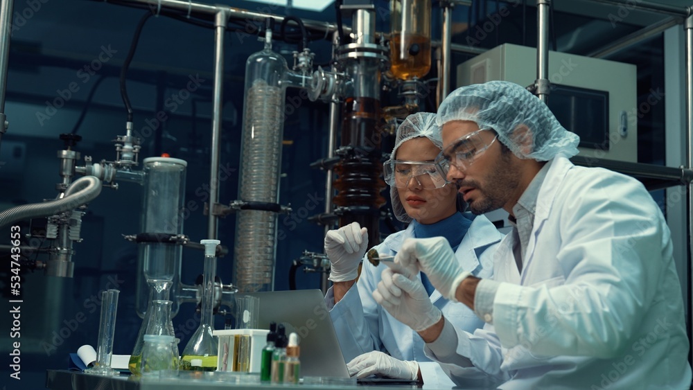 Poster two scientist in professional uniform working in laboratory for chemical and biomedical experiment
