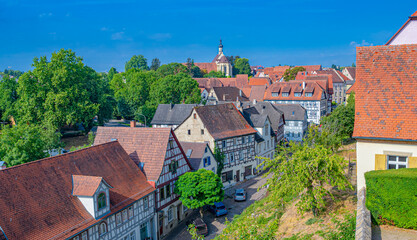 Fototapeta na wymiar View from the red tower to the Dominican Church in Bad Wimpfen. Neckar Valley, Kraichgau, Baden-Württemberg, Germany, Europe
