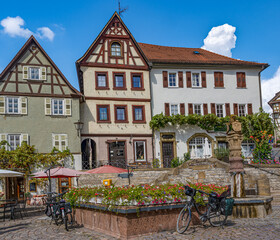 Half-timbered house with lion fountain in the historic town centre of Bad Wimpfen. Neckartal, Baden-Wuerttemberg, Germany, Europe