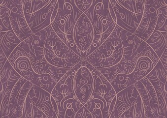 Hand-drawn abstract seamless ornament. Pale pink on a purple background. Paper texture. Digital artwork, A4. (pattern: p08-2a)