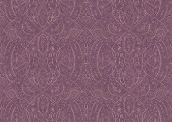 Hand-drawn abstract seamless ornament. Pale pink on a purple background. Paper texture. Digital artwork, A4. (pattern: p08-2b)