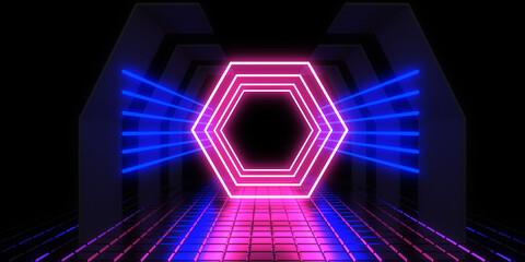 3D abstract background with neon lights. neon tunnel  .space construction . .3d illustration