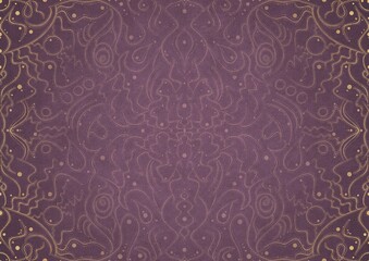 Hand-drawn unique ornament. Light semi transparent pink on a purple background, with vignette of same pattern in golden glitter on a darker background color. Paper texture. A4. (pattern: p07-2a)