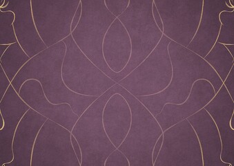 Hand-drawn unique ornament. Light semi transparent pink on a purple background, with vignette of same pattern in golden glitter on a darker background color. Paper texture. A4. (pattern: p08-1a)