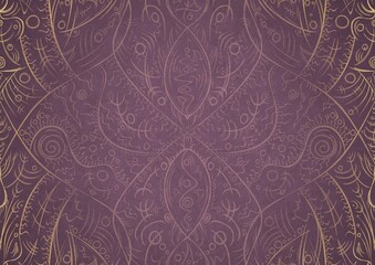 Hand-drawn unique ornament. Light semi transparent pink on a purple background, with vignette of same pattern in golden glitter on a darker background color. Paper texture. A4. (pattern: p08-2a)