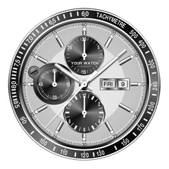 Fototapeta premium Realistic clock watch chronograph silver black face dashboard for men luxury on isolated background vector