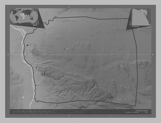 Al Qahirah, Egypt. Grayscale. Labelled points of cities