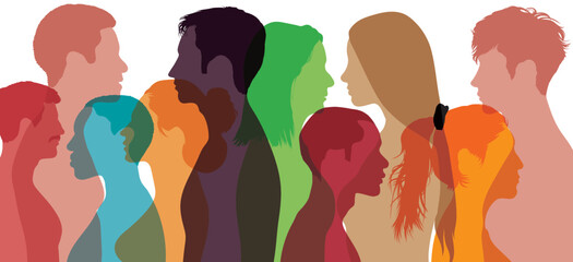 Symbol of multiculturalism, community, and teamwork. Abstract cartoon profile of a multicultural family. Friendship between multiethnic and multicultural families.