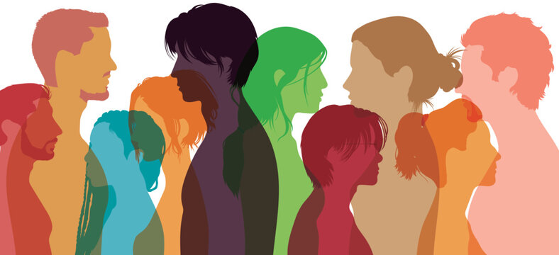 There is dialogue between peoples. Collared flat cartoon profiles. Crowds that talk and multiple exposures are shown.