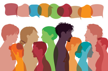 Text for communication. Speak and communicate in social networks. Community and Speak. Vector cartoon of multi-ethnic people in profile.