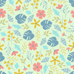 Fototapeta na wymiar Ornamental ditsy floral seamless pattern design. Repeating texture of blooming flowers and leaves. Background for surface printing
