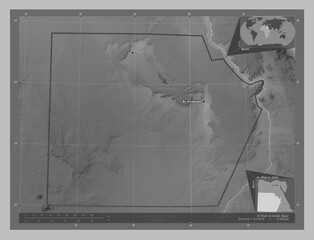 Al Wadi al Jadid, Egypt. Grayscale. Labelled points of cities