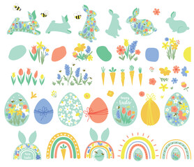 Easter elements set. Happy easter design elements isolated on white. Cute rabbit bunny, carrot, floral eggs. Cute vector collection. Spring easter hunt illustration. Happy Easter symbols, logo, icons.