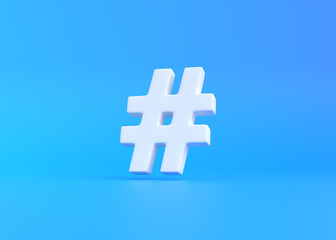 Fototapeta premium White hashtag symbol on a blue background. Minimal creative concept. Front view. 3d rendering illustration