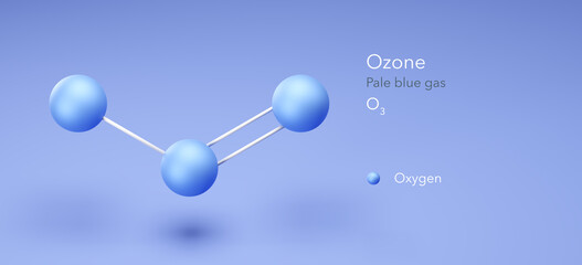 ozone, molecular structures, blue gas, 3d model, Structural Chemical Formula and Atoms with Color Coding