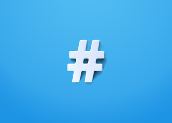 Fototapeta premium White hashtag symbol on a blue background. Minimal creative concept. Top view. 3d rendering illustration