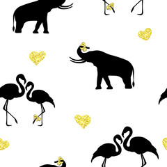 Animals seamless pattern flamingo and elephant. Black silhouettes with gold glitter. Bows and hearts. Prints, packaging template, textiles, bedding and wallpaper.