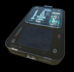 Data Pad with Spaceship Blueprint, 3d digitally rendered science fiction illustration
