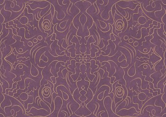 Hand-drawn unique abstract symmetrical seamless gold ornament on a purple background. Paper texture. Digital artwork, A4. (pattern: p07-1a)