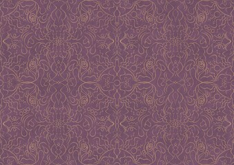 Hand-drawn unique abstract symmetrical seamless gold ornament on a purple background. Paper texture. Digital artwork, A4. (pattern: p07-1b)