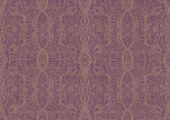 Hand-drawn unique abstract symmetrical seamless gold ornament on a purple background. Paper texture. Digital artwork, A4. (pattern: p09b)