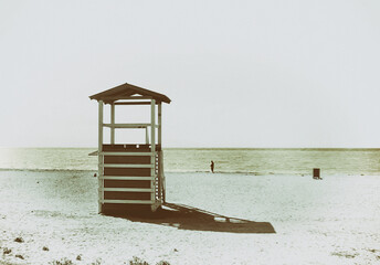 lifeguard kiosk at the beach. old fashioned style photography
