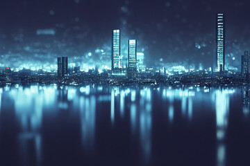 Obraz na płótnie Canvas 3d render illustration of night futuristic city with neon lignts and reflection on water