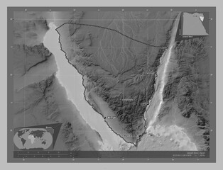Janub Sina', Egypt. Grayscale. Labelled points of cities