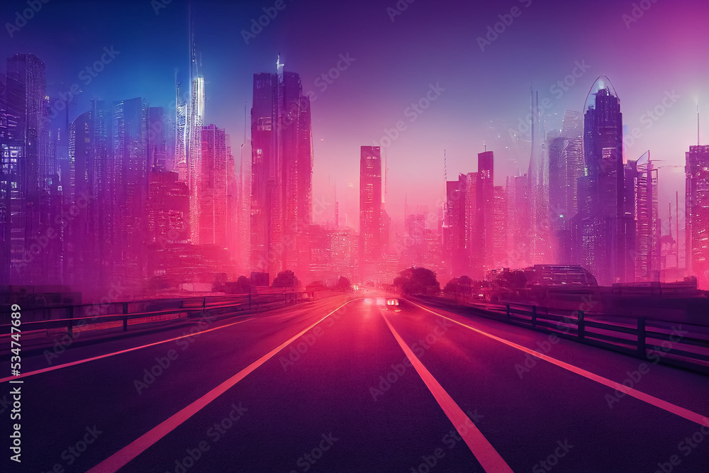 Wall mural 3d render illustration of night futuristic city with neon lignts and road