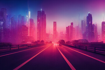 Fototapeta na wymiar 3d render illustration of night futuristic city with neon lignts and road