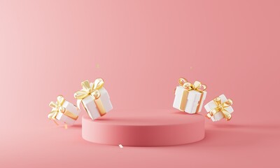Christmas 3d style Product podium scene with flying falling white gift box with gold bow.3d illustration.