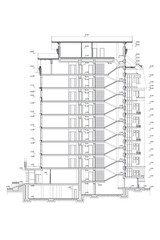 Multistory building section, detailed architectural technical drawing, vector blueprint