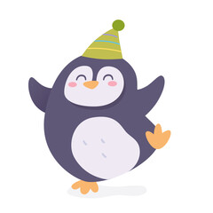 Funny dance of cute penguin, happy baby penguin with wings and beak, warm hat dancing