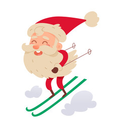 Happy Santa Claus character skiing, funny old man with ski poles riding down snowy slope