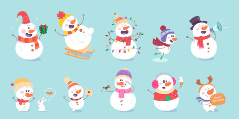 Fototapeta premium Cute snowmen set, characters greeting with happy Christmas wishes and gifts, playing