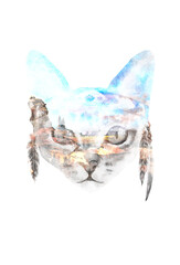 Watercolor double exposure cat illustration, cute animal face,head portrait. Dreamy desert poster,flyer, print,printable. Black and White, colorful cinematic design.