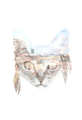 Naklejka premium Watercolor double exposure cat illustration, cute animal face,head portrait. Dreamy desert poster,flyer, print,printable. Black and White, colorful cinematic design.