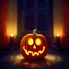 Fototapeta premium Smiling Halloween pumpkin with glowing eyes on a table in a dark room lit with candles. Generative AI illustration with copy space