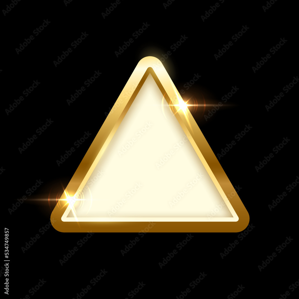 Poster white button in triangle gold frame vector illustration. 3d realistic shiny metal golden object on p