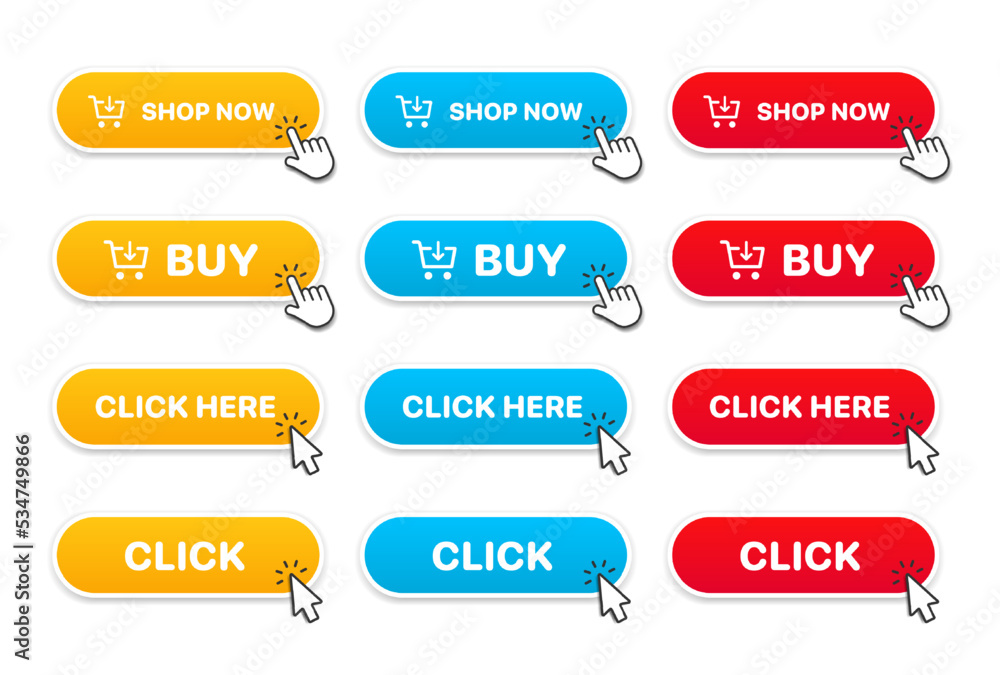 Wall mural 3d click here web buttons. set of action button, hand cursor and arrow pointing click link buttons. 