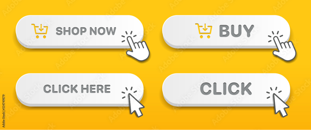Poster 3d click here web buttons. set of action button, hand cursor and arrow pointing click link buttons. 