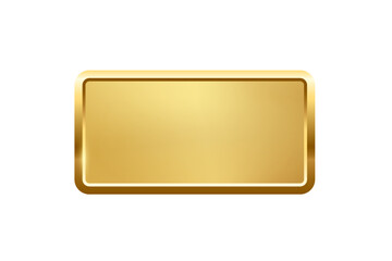 Gold rectangle button with frame vector illustration. 3d golden glossy elegant design for empty emblem, medal or badge, shiny and gradient light effect on plate isolated on white background - obrazy, fototapety, plakaty