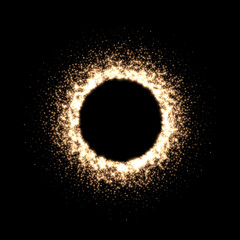 Magic round frame with gold dust glitter light effect vector illustration. 3d realistic flashes of energy spray shooting up and down on galaxy black background, shiny fire particles and eclipse