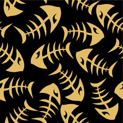 bright seamless pattern of golden graphic fish skeletons on a black background, texture, design