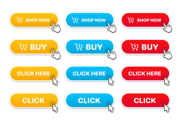 3d click here web buttons. Set of action button, hand cursor and arrow pointing click link buttons. Add to cart, shop now buttons. Online shopping icons for UI UX website, mobile app.